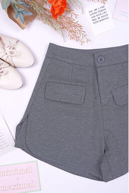Flap Pocket Fly Zip Dual Side Split Hem Short Pants (Grey)